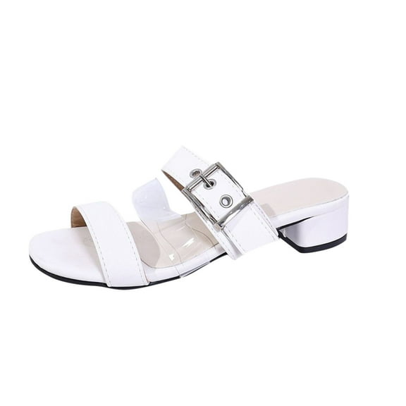 White Female Summer Peep Toe Thick Heel Sandals With Pu Upper For Leisure