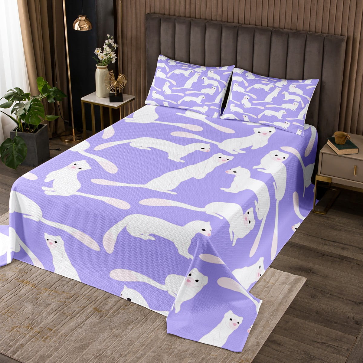 White Ferret Quilt Set Kawaii Bedspread Set Cute Wild Animals Coverlet