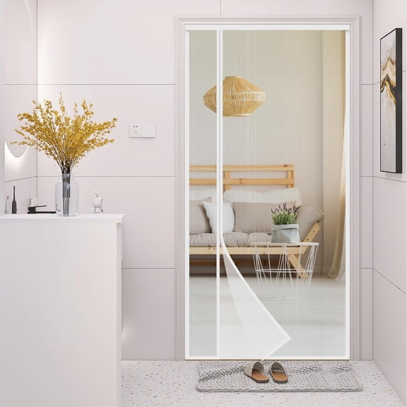 White Fiberglass Magnetic Screen Door,Reversible Left or Right Side Opening,Keep Bugs Out, Hands Free,