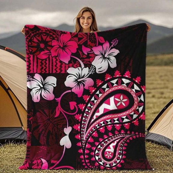 White Fiji Masi Peseli Pattern Hibiscus Tapa Flannel Throw Blanket – Soft Polyester, Digital Print, All-Season Use