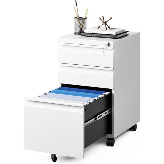 White Filing Cabinet 3 Drawers on Wheels Under Desk, Metal Rolling File Cabinet with Lock for Home Office, Small Mobile File Cabinet for Letter Legal File Folders, Un-Assembled