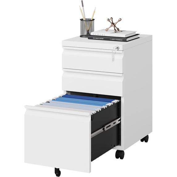 White Filing Cabinet 3 Drawers on Wheels Under Desk, Metal Rolling File Cabinet with Lock for Home Office, Small Mobile File Cabinet for Letter Legal File Folders, Un-Assembled