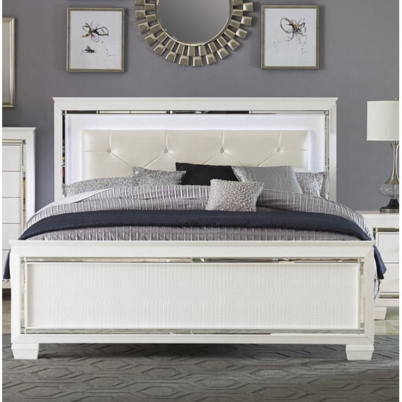 Queen Size Wood Platform Bed Frame with Button-Tufted LED Headboard and Faux Alligator Panels (White, Master Bedroom)