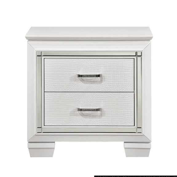 White Finish 2 - Drawer Nightstand / Bedroom Nightstand with Faux Alligator and Chrome Pulls