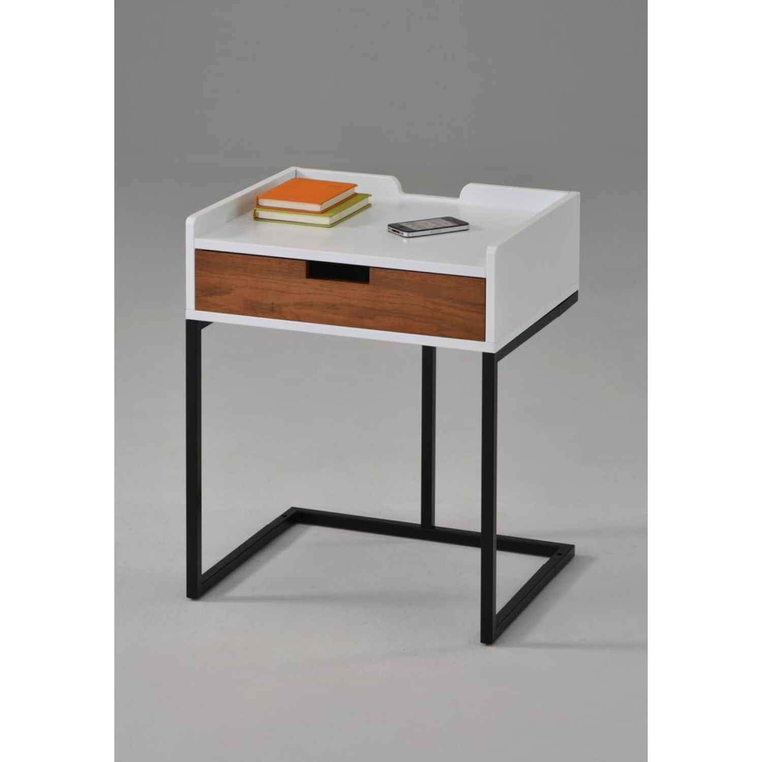 White Finish/Dark Oak Drawer/Metal Frame Nightstand Side End Table 22.5