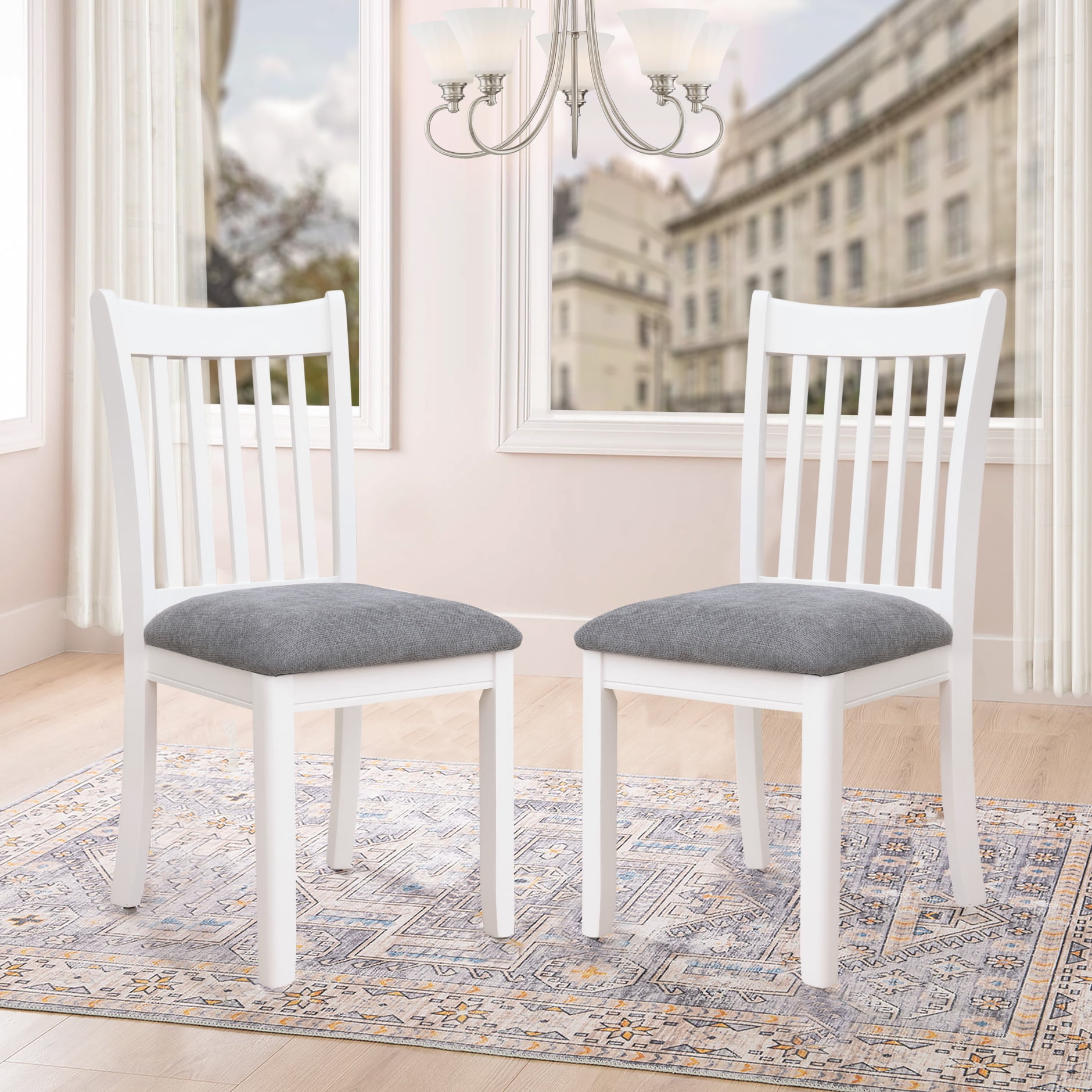 White Finish Dining Chairs Set of 2 with Solid Rubberwood Frames and ...