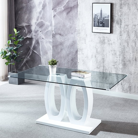 White Finish Dining Table For 6, Clear Glass Top, Stylish Double-pedestal Modern Base & Tempered Glass,