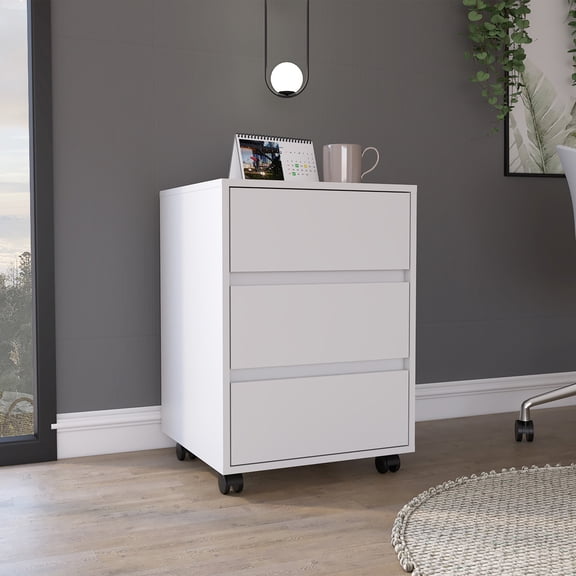 White Finish - Drawer Storage Feature - Office Desk Space - Modern 3 Drawer Cabinet