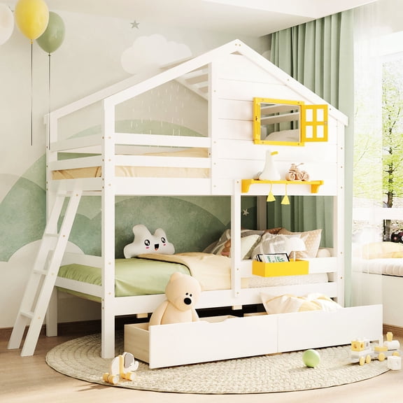 White Finish - Drawers for Clothes Storage - Home Bedroom - Space - efficient Bunk Bed