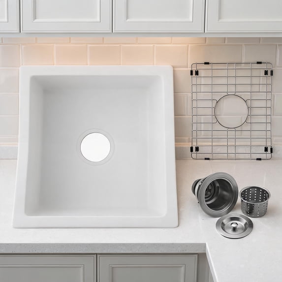 White Finish Quartz 18 x 16 Inch Undermount Single Bowl Bar Sink for Kitchen Prep
