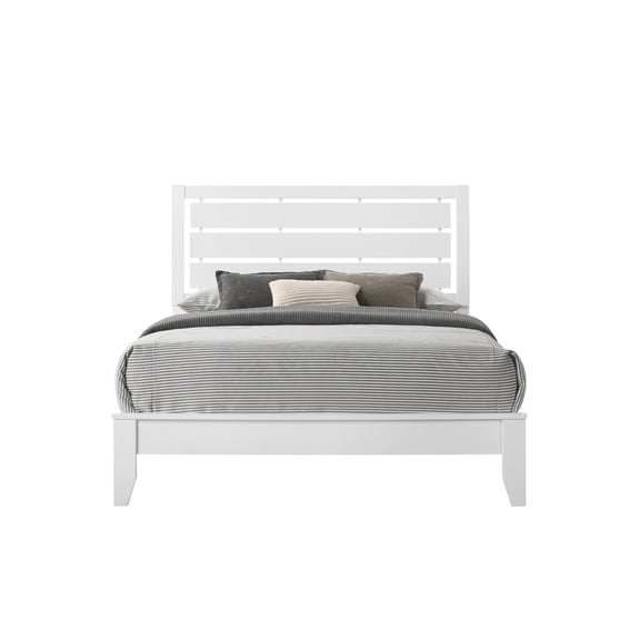 White Finish Queen Size Bed For Bedroom With Geometric Patterns And A Low Design Tapered Modern Look