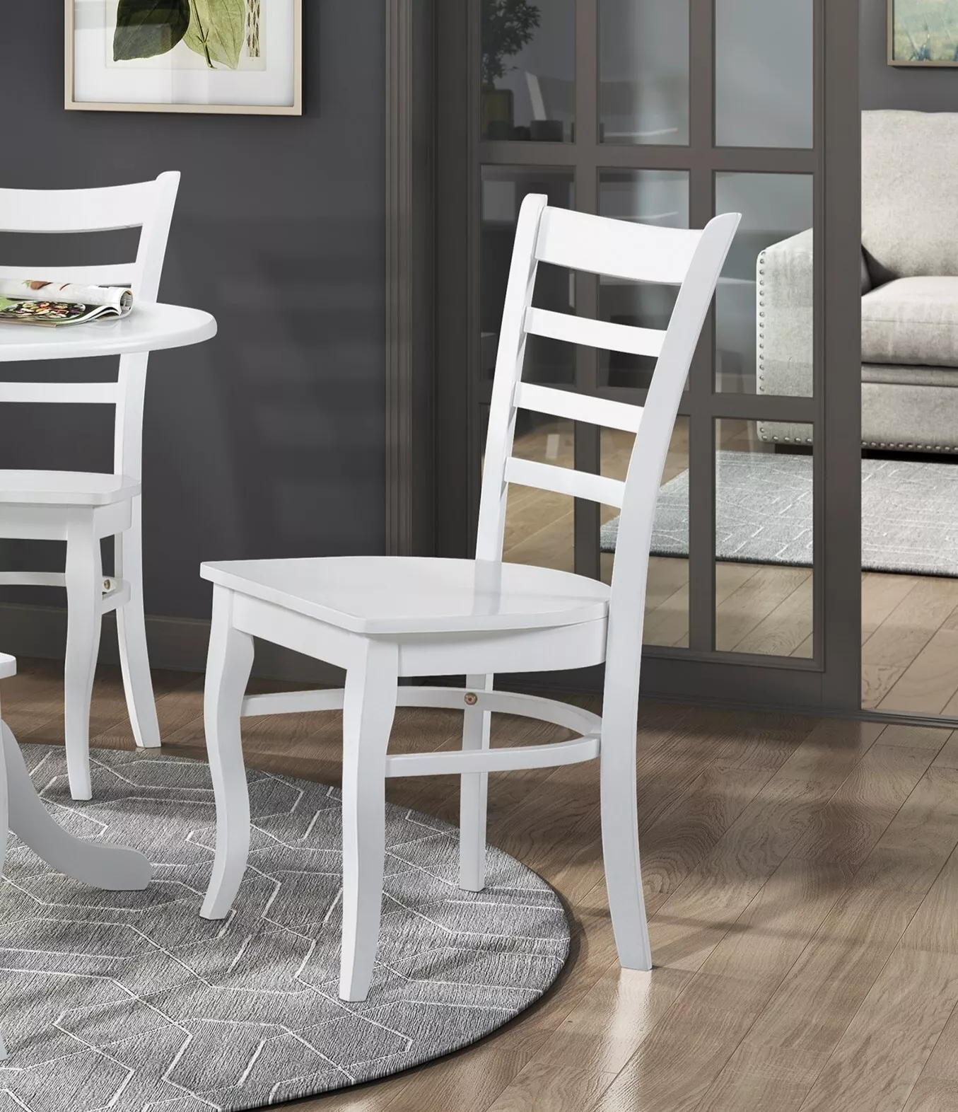 White Finish Side Chairs Set of 6, Wood Frame Ladder Back Traditional ...