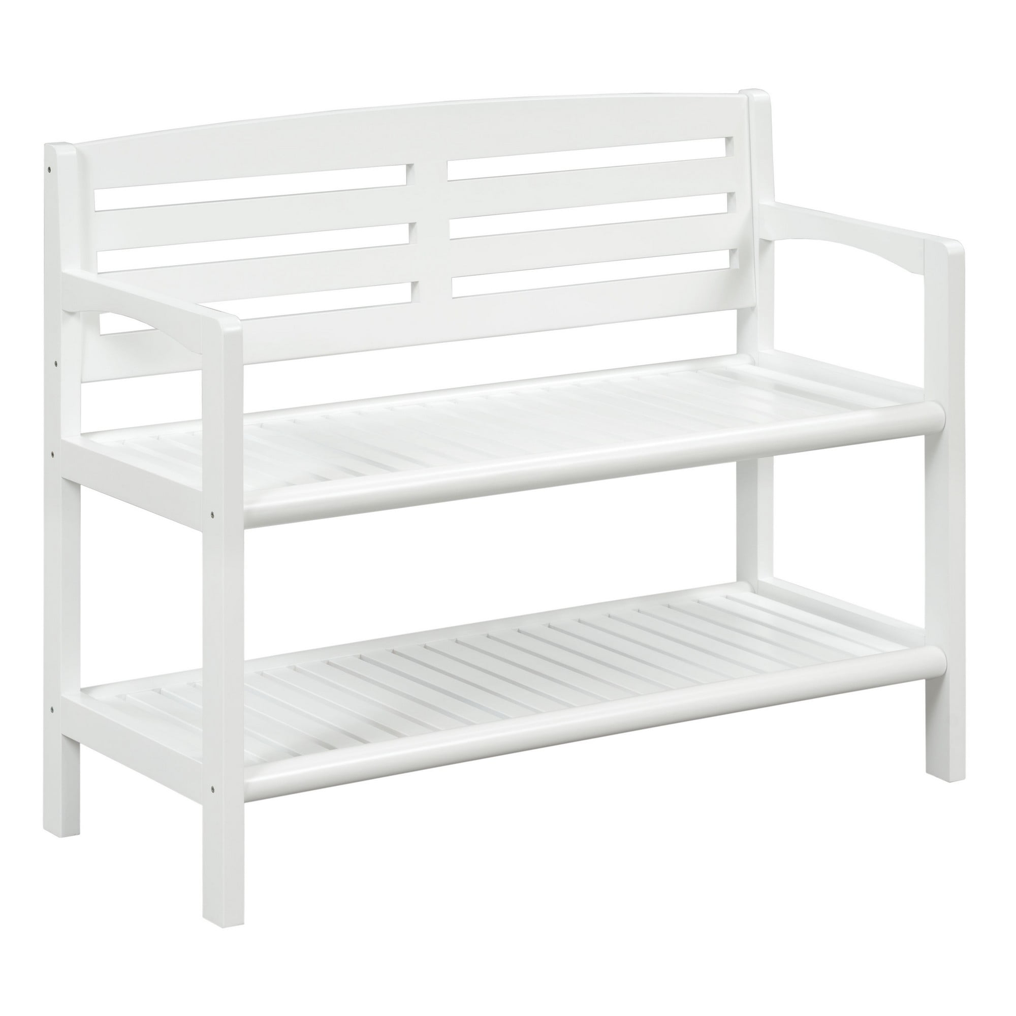 Winter White Solid Wood Slat Bench with Storage Shelf