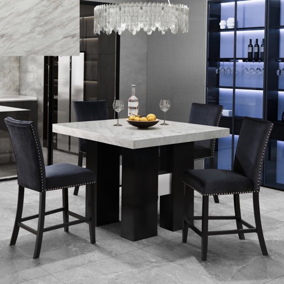 White Finish - Square Table with Silver - Linked Base - Dining Room - Solid Back Stools