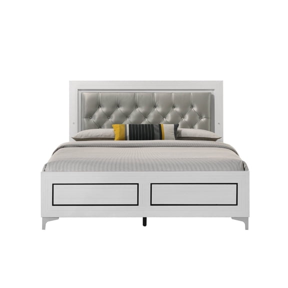 White Finish Stylish 1pc Eastern King Size Bed Button-Tufted LED Headboard Gray PU Padded Furniture