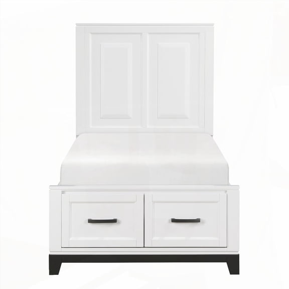 White Finish Twin Bed with Storage & 2-tone Finish