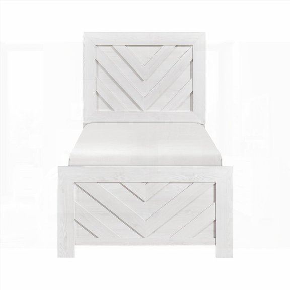 White Finish Twin Size Panel Bed, Features V-Pattern, Ships in One Box