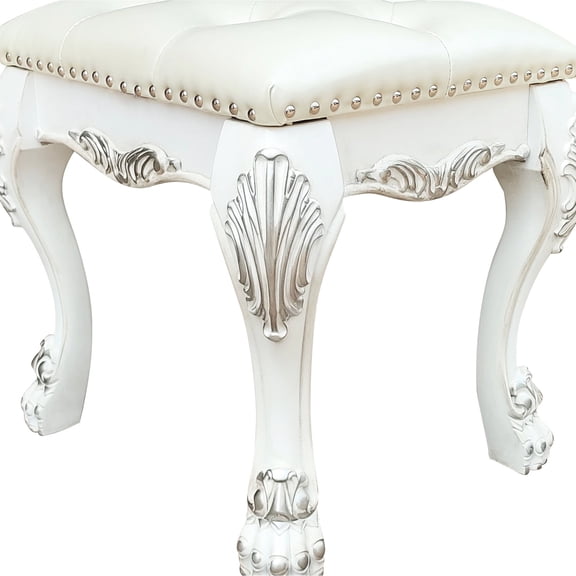 White Finish Vanity Stool | Luxury Vanity Setup, Comfortable Seating Experience | Durable Poly - resin and Wood | Good for Sophisticated Rooms