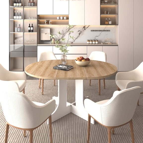 White Finish with Oak Veneers - Adjustable Table for More Seats - Kitchen and Dining Area - Durable and Stable