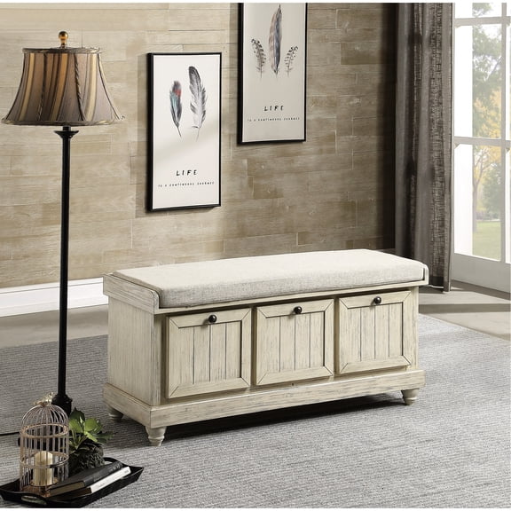 White Finished Solid Wood Bench With Foam Cushioned Seat And Beige Upholstery Distressed Frame