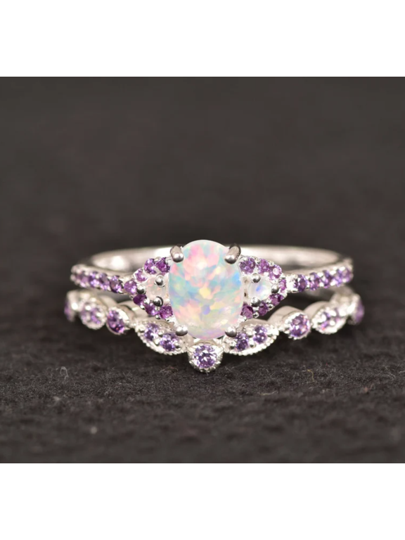 White Fire Opal Amethyst White Gold Wedding Engagement Ring Set 14k Sterling Silver Opal Matching Band Bridal Promise Anniversary Gift