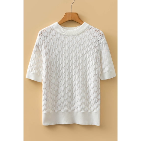 I AM A FASHION JUNKY White Fish Scale Textured Knit Ribbed High Neck Short Sleeve Sweater