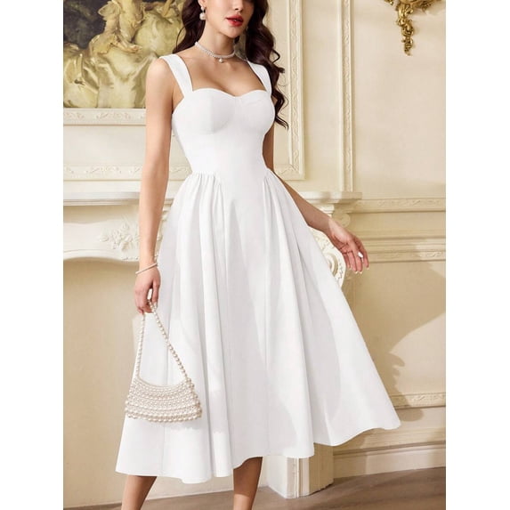 White Fit & Flare Midi Dress With Sweetheart Neckline And Corset Bodice