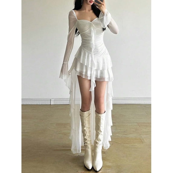 White Fitted Square Neck Long Sleeve Ruched High-Low Mesh Dress With Asymmetric Tiered Hem