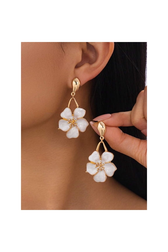 White Five-Petal Floral Dangle Earrings With Goldtone Metal Setting For Women
