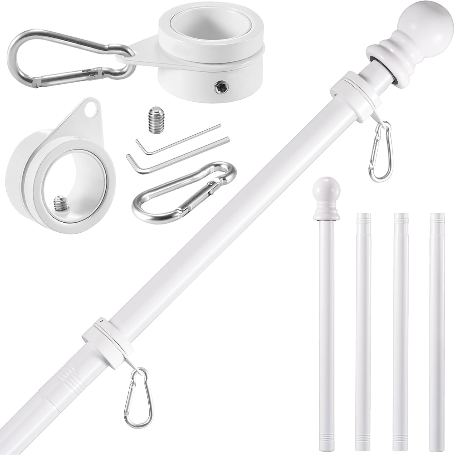 White Flag Pole Kit for House, 5 FT Thickened Stainless Steel Outside Wall Mount Flagpole 3x5' American with 1" Tangle Free 360° Rotating Rings Hardware Porch Residential