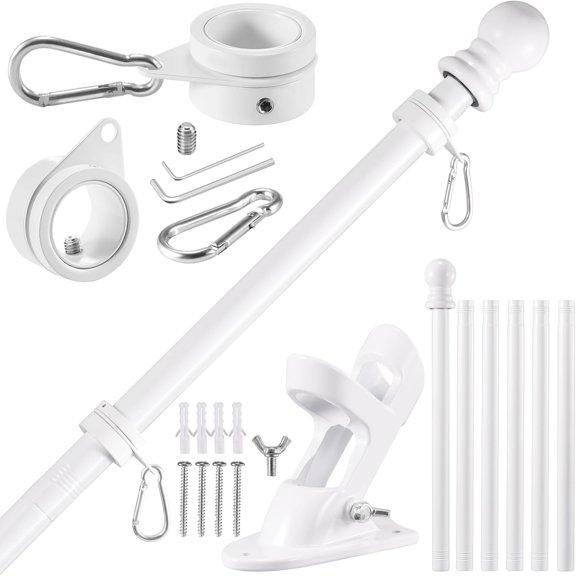 White Flag Pole Kit for Outside House, 7FT Thickened Stainless Steel Wall Mount Flag Pole for 3x5'/ 4x6' Flag, 1" Anti-Wrap Spinning Flag Ring Clips & 2-Position Bracket Holder for Porch Yard