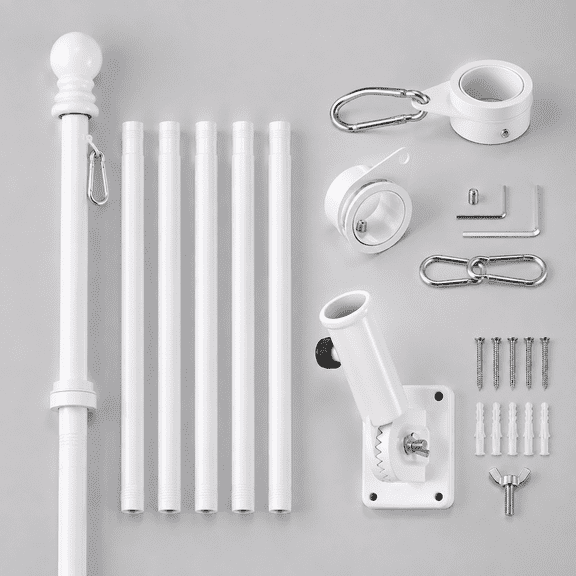 White Flagpole Kits, 6 FT Thickened Stainless Steel House Porch Wall Flag Pole Kit for 3x5'/4x6' Flag, 1" Anti-Wrap Spinning Flag Pole Ring Clips & 180 Adjustable Multi-Position Bracket Holder