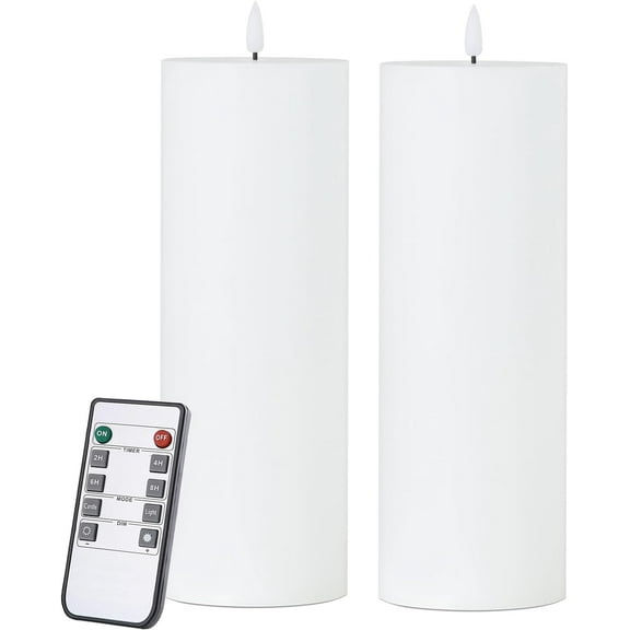 White Flameless Candles Set of 2 (3x9 inch) Flickering LED Wax Candles Battery Operated with Remote Control Timers for Fall Decor/Night Light/Fireplace/Party Dimmable Pillars Flat top
