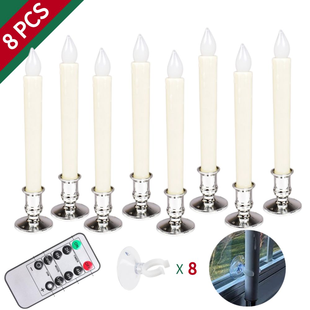 White Flameless Window Taper Candles Battery Operated with Remote and