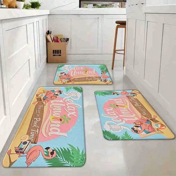 White Flannel Floor Mat - Retro Tropical Flamingo Poolside Relax Unwind Cartoon Beach Ball Palm Tree Vintage Summer Vibe Non Slip