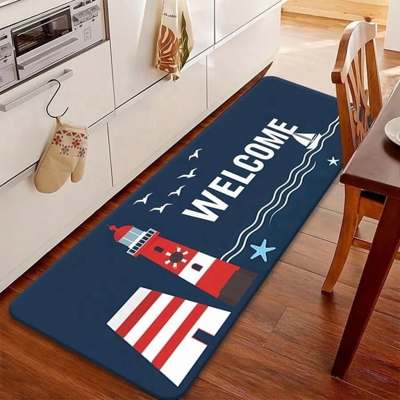 White Flannel Lighthouse Ocean Style Welcome Doormat, Slip-Resistant Machine Washable Fade-Resistant Premium Carpet