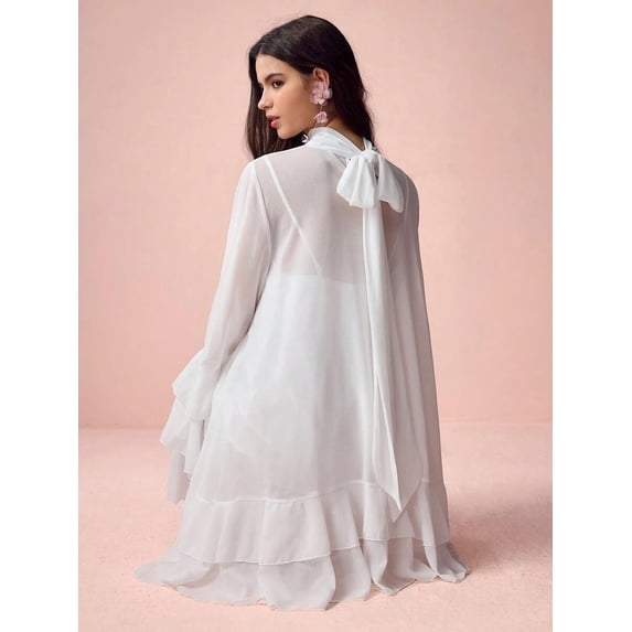White Flare Sleeve Ruffle Hem Mini Dress with Tie Neck and Tiered Skirt