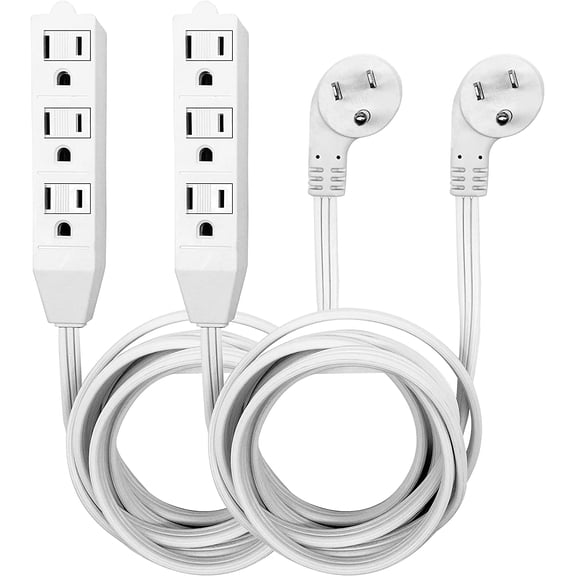 White Flat Plug Extension Cord, Short Power Cord with 3 Prong Standard Ground sockets, Basic Indoor 3-pin Ground Cable, UL Listed 8FT, 2PK