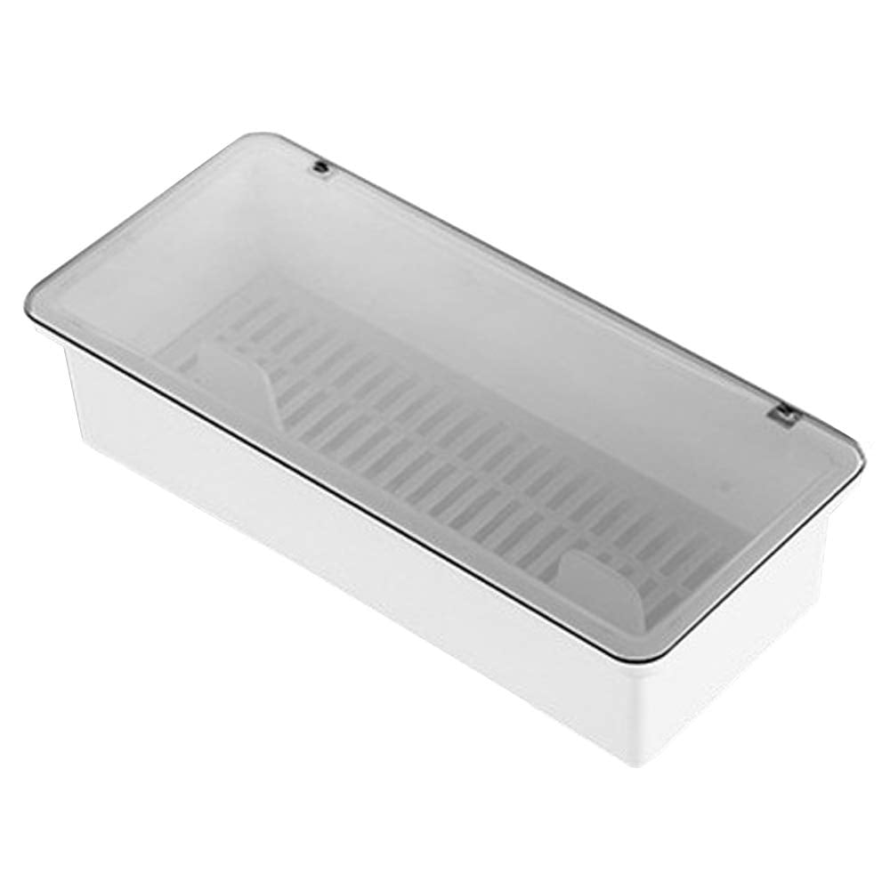 White Flatware Tray Kitchen Drawer Organizer With Lid And Drainer - Plastic Kitchen Cutlery Tray and Utensil Storage Container with Cover - 11.0 Inch Silverware Holder Drawer Organizer.