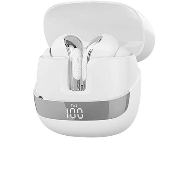 White Flip Cover Design In Ear Wireless Earbuds Sixty Hour Battery Life Noise Canceling Led Smart Display Enhanced Bass White