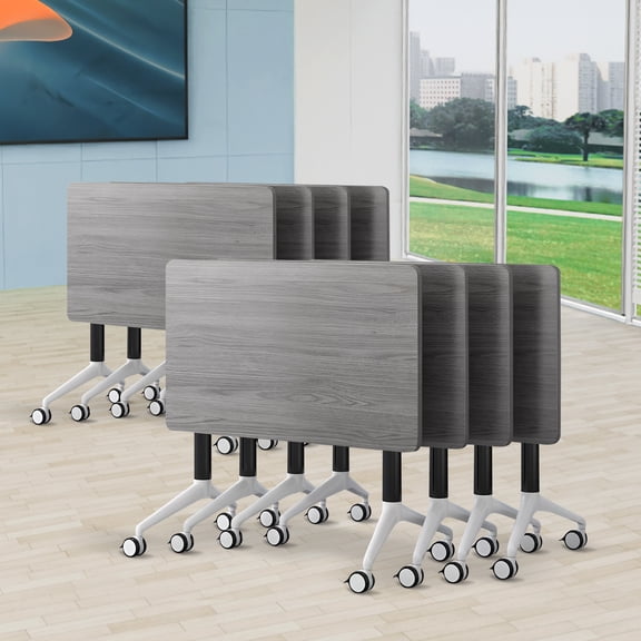 White Flip-Top Folding Conference Table,Mobile Training Table with 360°Silent Caster Wheels,Heavy Duty Foldable Meeting Table,Space Saving Modular Seminar Table for Office,Startup,Classroom(8,55.1in)