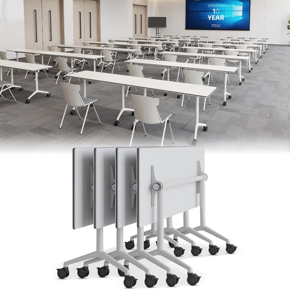 White Flip-Top Folding Conference Table,Mobile Training Table with 360°Silent Caster Wheels,Heavy Duty Foldable Meeting Table,Space Saving Modular Seminar Table for Office,Startup,Classroom（4,47.2in）