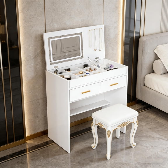 White Flip Top Makeup Vanity with LED Mirror and Built-in Power Outlet, 2 Drawers, Open Shelves and Jewelry Hooks, Complete Dressing Table (Stool Not Included)