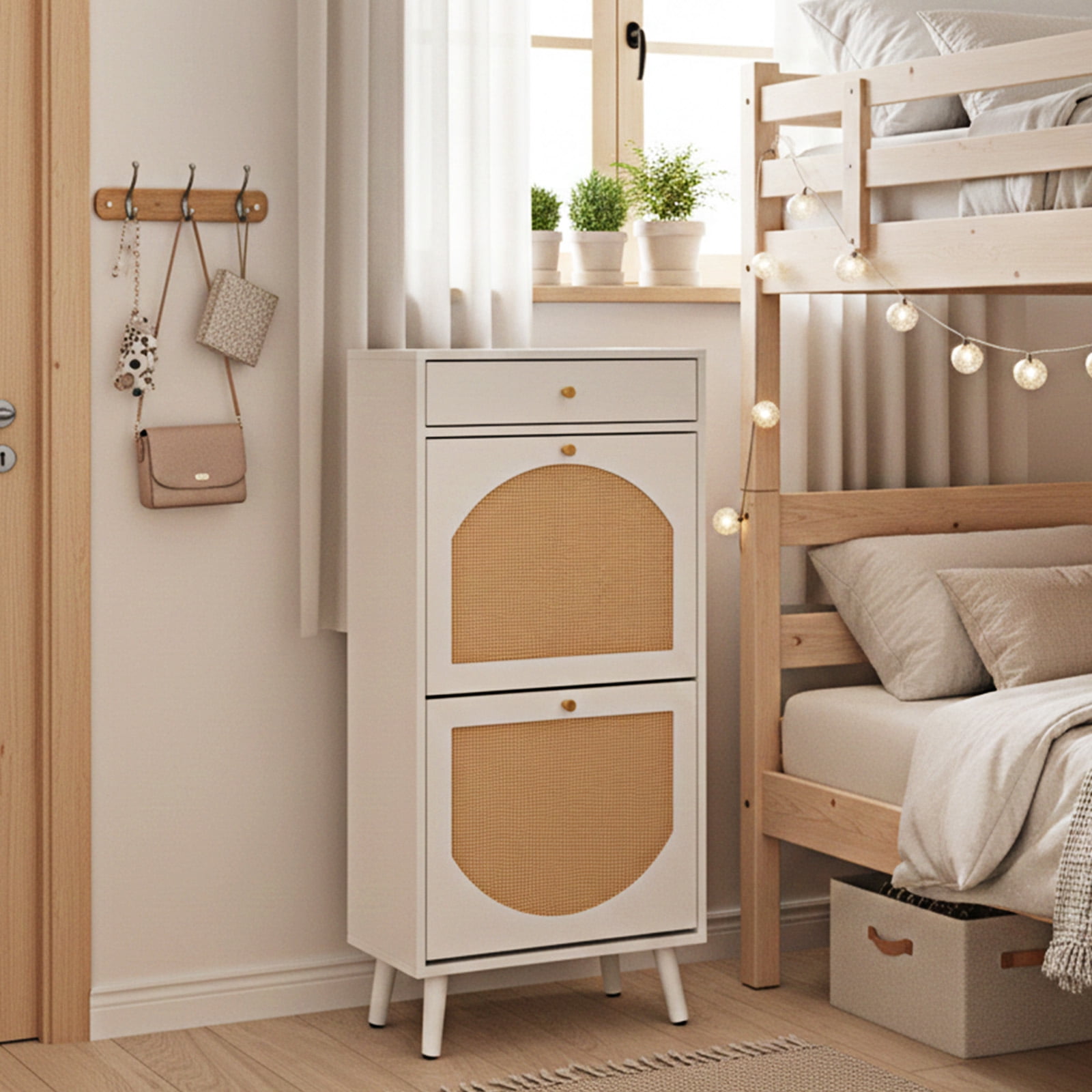 White Flip-Top Shoe Cabinet with 1 Drawer 2 Flip Compartments, Particleboard Storage Organizer for Entryway Apartment Hallway