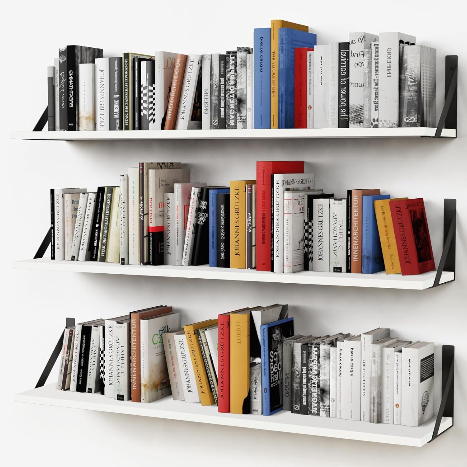 White Floating Book Shelves for Wall, 36 Inches Long Wall Shelves with Metal Brackets for Bedroom, Large Floating Bookshelf Bookshelves for Living Room Office Classroom (White Wood)