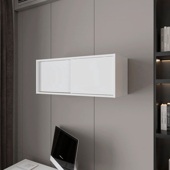 White Floating Cabinet - Sliding Door to Save Space - Primary Living Space - Store Books and Decor