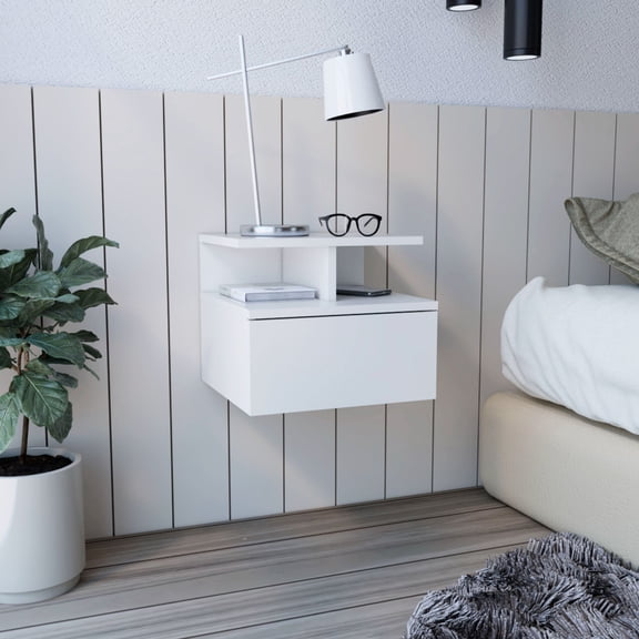 White Floating Design - Easy to Assemble on Wall - Good for Limited Space - Features Storage Drawer