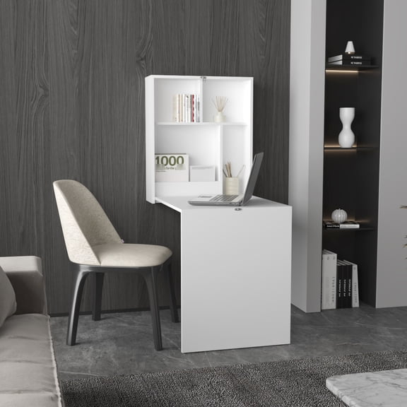 White Floating Dining Table | Foldable for Easy Storage | Particle Board Material | Meet Various Dining Needs