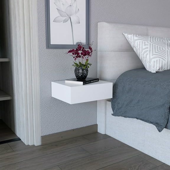 White Floating End Table With Generous Drawer - Ideal For Bedroom Decor Living Room Spacious Design