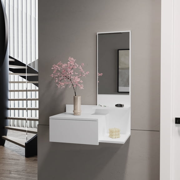 White Floating Hallway Cabinet - Particle Board Filler, 36.34"h, Mirror & Drawer , Materials, 27"h X 11.8"w Mirror,